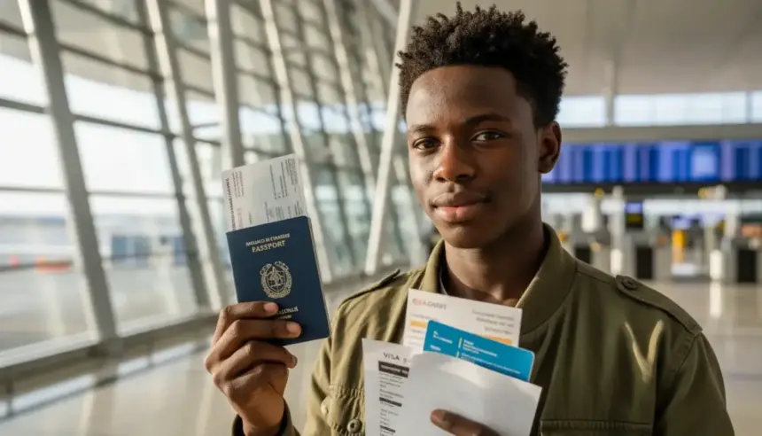 Jovem no aeroporto com passaporte e mala avaliando quanto menor 16 viagem angola portugal custa no total.