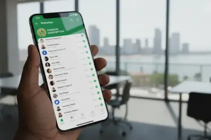 Interface de celular onde o WhatsApp testa subscrição paga com chats fixados e menus de personalização exclusivos.