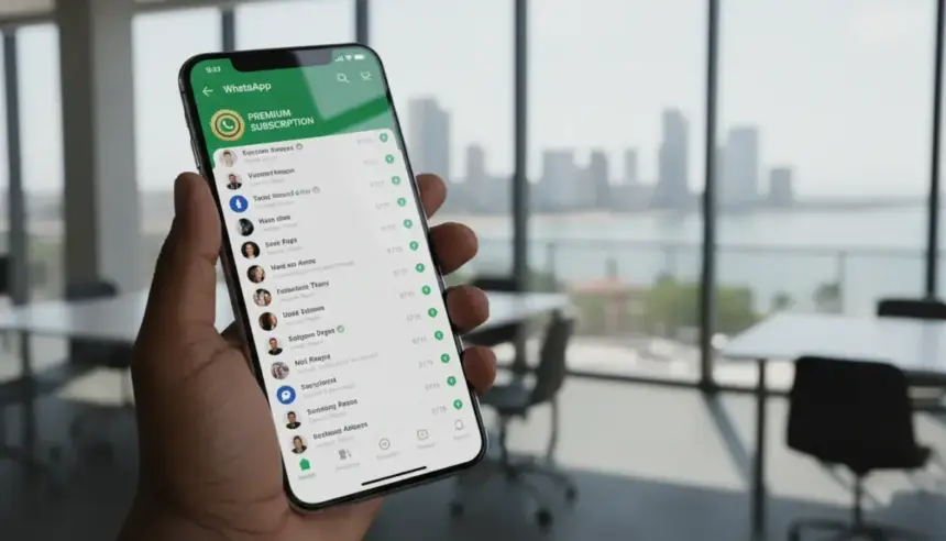 Interface de celular onde o WhatsApp testa subscrição paga com chats fixados e menus de personalização exclusivos.