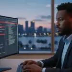 Monitor com alerta de segurança e cadeado rompido indicando falha no cPanel que expõe sites a ataques hackers.