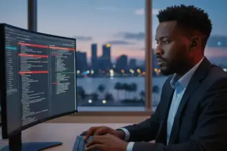 Monitor com alerta de segurança e cadeado rompido indicando falha no cPanel que expõe sites a ataques hackers.