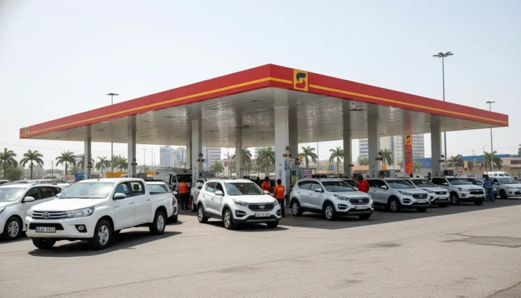 Fila de veículos em posto de gasolina e logomarca da Sonangol abastecimento de combustivel normalizado em Angola.