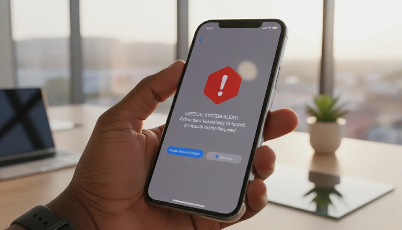 iPhone com alerta de segurança exibindo vulnerabilidades no iphone Coruna e DarkSword em destaque na tela.