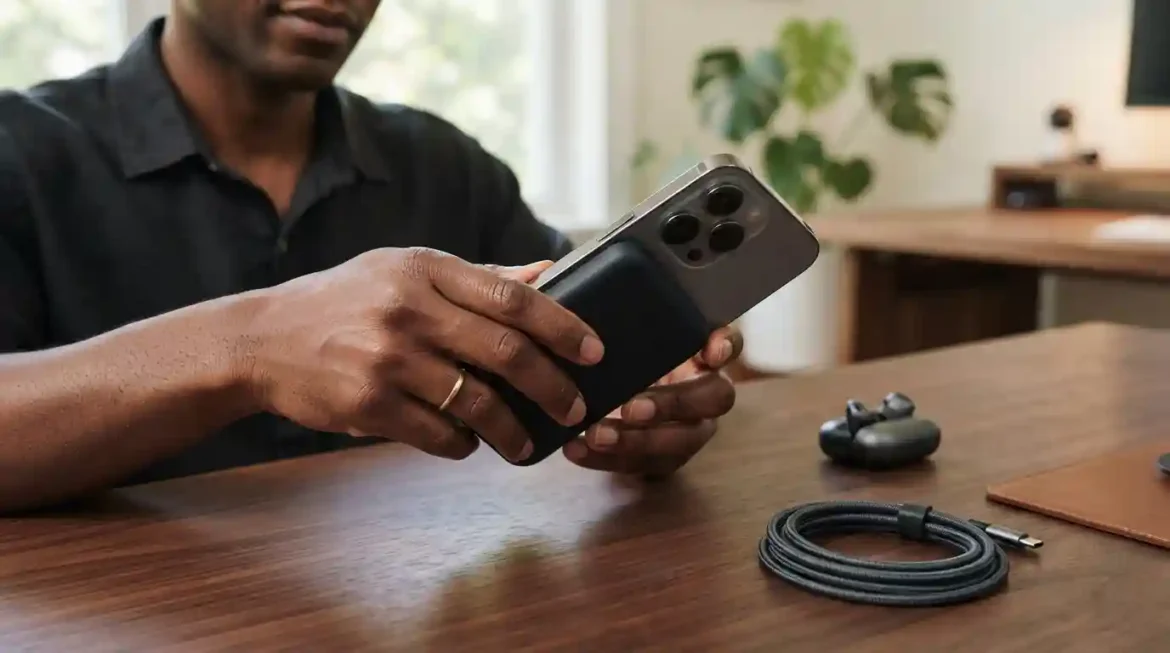Cinco modernos acessórios para iPhone, como carregador portátil, fones e capa protetora, organizados em fundo neutro.